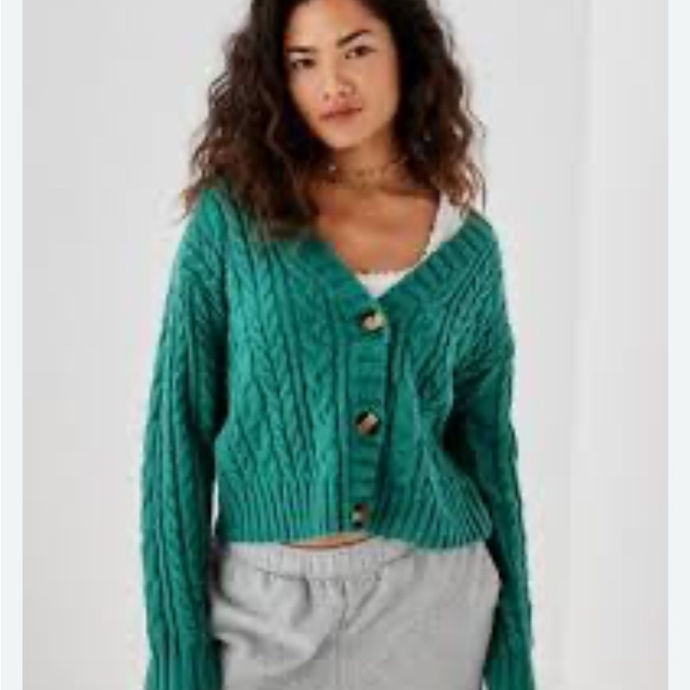 American Eagle Womens Medium Teal Cable Knit Cardigan V Neck Button Sweater